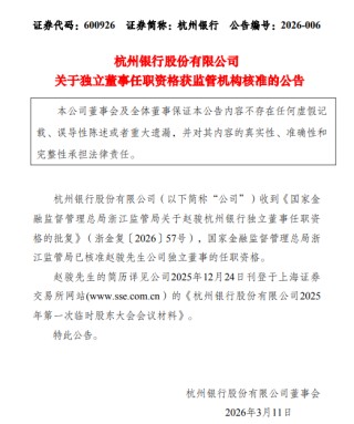杭州银行：独立董事赵骏任职资格获监管核准