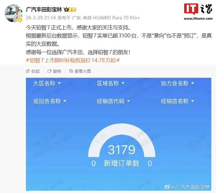 广汽丰田铂智 7 轿车真实大定数据超 3100 台,限时补贴权益价 14.78 万元起 第1张 广汽丰田铂智 7 轿车真实大定数据超 3100 台,限时补贴权益价 14.78 万元起 第1张